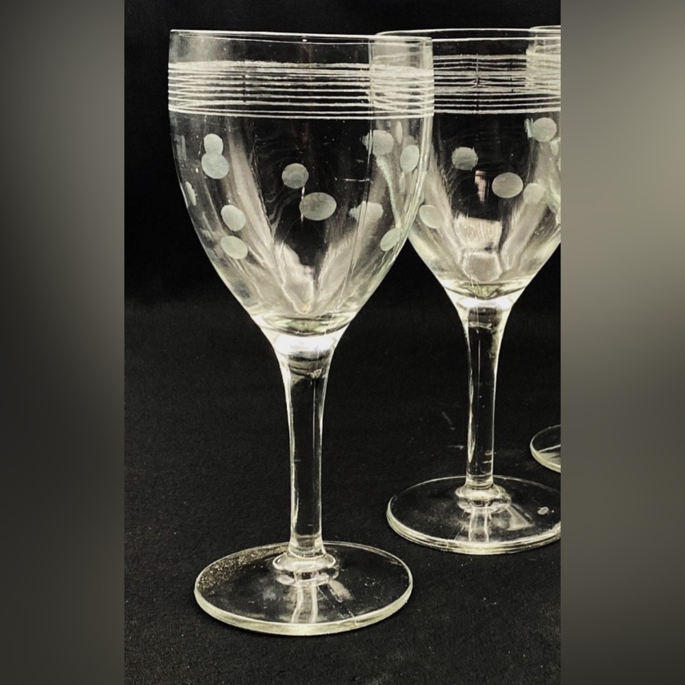 2 Vintage, Standard Depression Glass. Etched dots & lines, wine / water glasses.